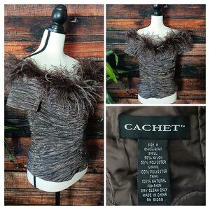 Cachet Top 8 Off Shoulder Brown Textured Real Feather Trim Metallic NEW